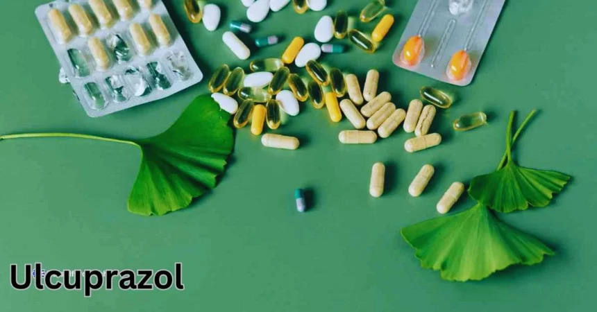 a group of pills and a ginkgo biloba leaf Ulcuprazol